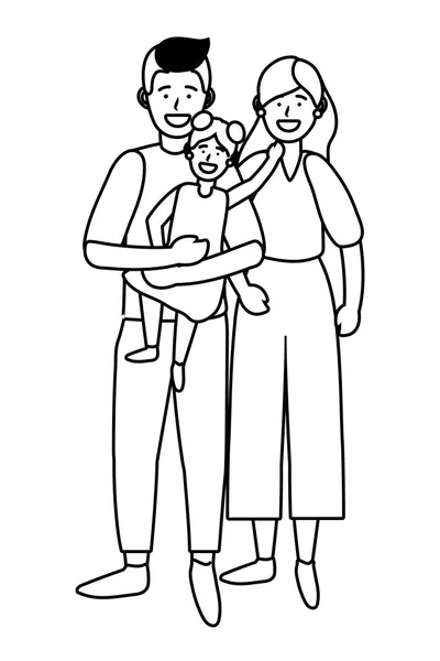 Couple avec enfant noir et blanc — Image vectorielle