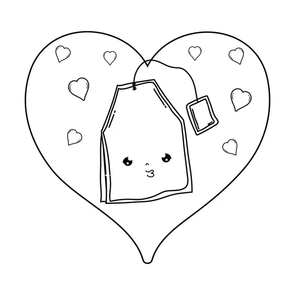 Mignon sac à thé avec le caractère de coeur kawaii — Image vectorielle