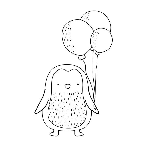 Lindo pingüino con globos helio — Vector de stock
