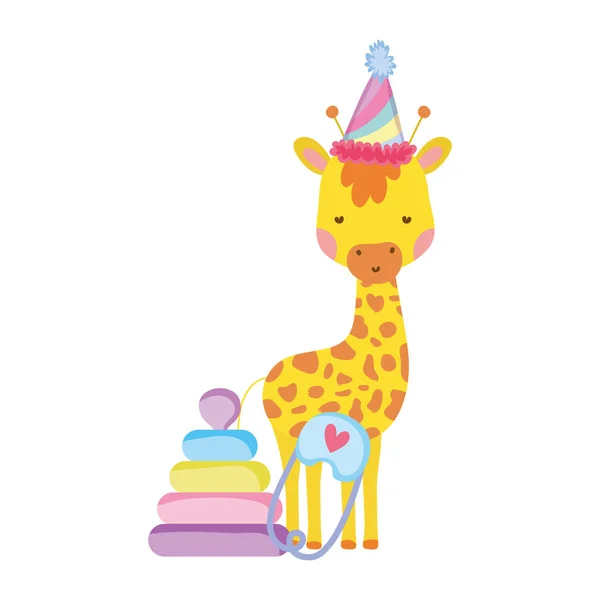 Милый и маленький жираф с характером шляпы вечеринки — стоковый вектор