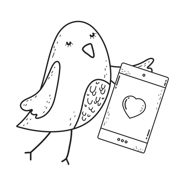 Pássaro pequeno bonito com personagem adorável smartphone — Vetor de Stock
