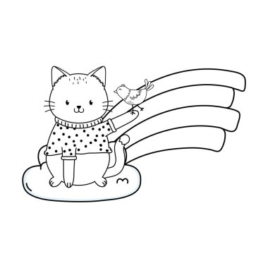 gökkuşağı ormanlık karakter ile bulutta sevimli kedi