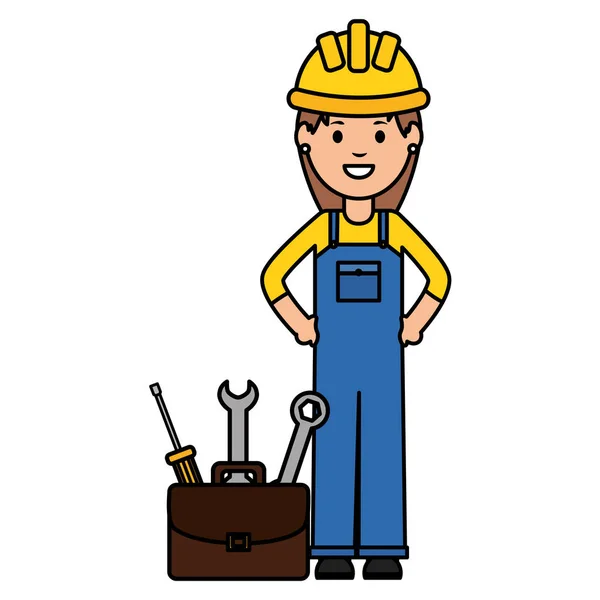Kvinnlig byggare arbetare med hjälm och verktygs låda — Stock vektor