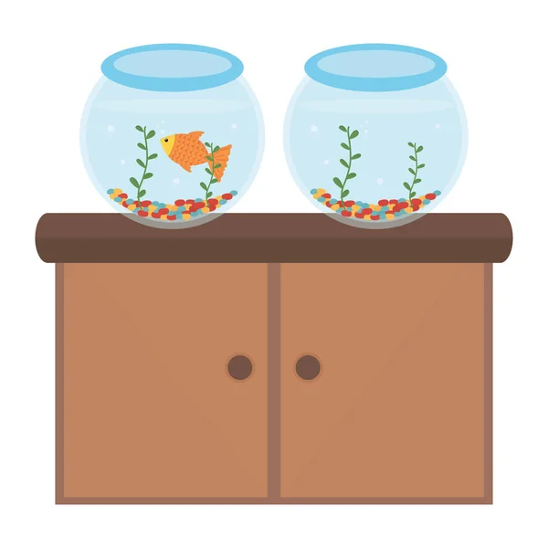 Деревянный ящик зоомагазина с аквариумами и продуктами — стоковый вектор