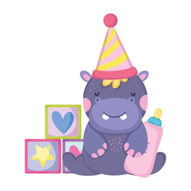 parti şapka ile sevimli ve küçük Hippo karakter