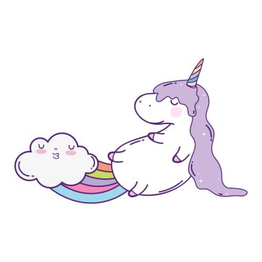 bulutlar ve gökkuşağı Kawaii ile sevimli Unicorn