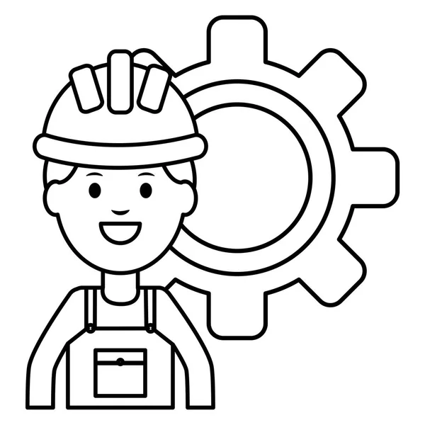 Constructor trabajador con casco y engranaje — Archivo Imágenes Vectoriales