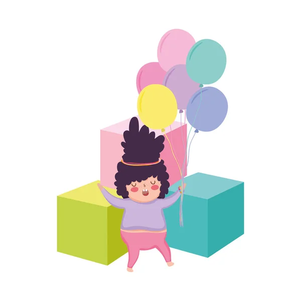 Little chubby girl with balloons air and blocks — Stock Vector