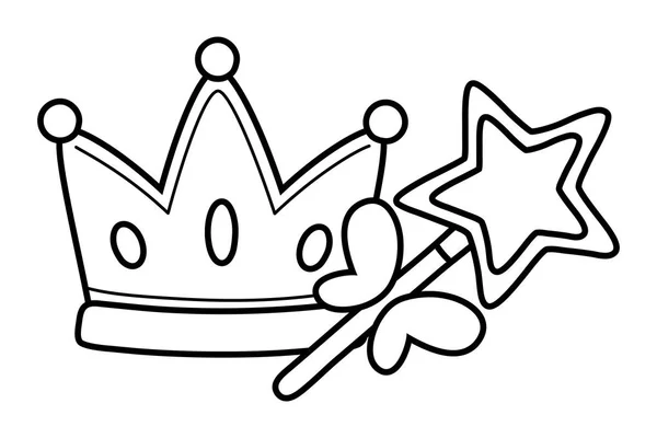 Krona och trollspö svart och vitt — Stock vektor