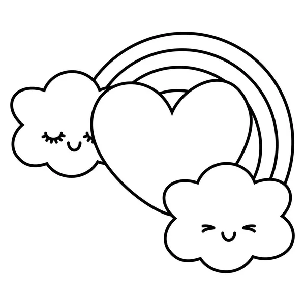 Coeur et arc-en-ciel avec nuages noir et blanc — Image vectorielle