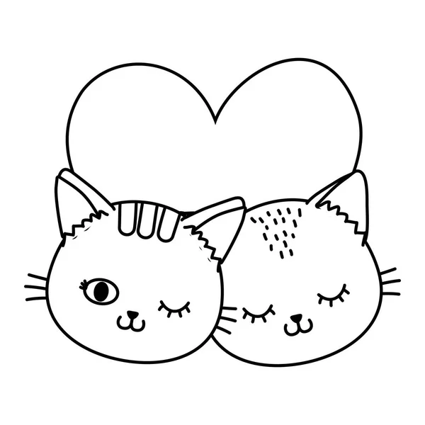 Chats avec coeur noir et blanc — Image vectorielle