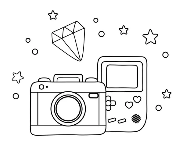 Jeu garçon caméra et diamant noir et blanc — Image vectorielle