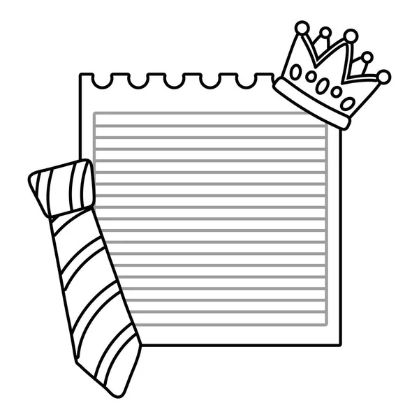 Papírové listy s korunou a kravatou černou a bílou — Stockový vektor
