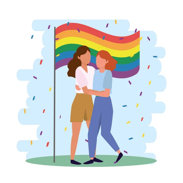 Women couple with rainbow flag to lgbt parade — 图库矢量图片