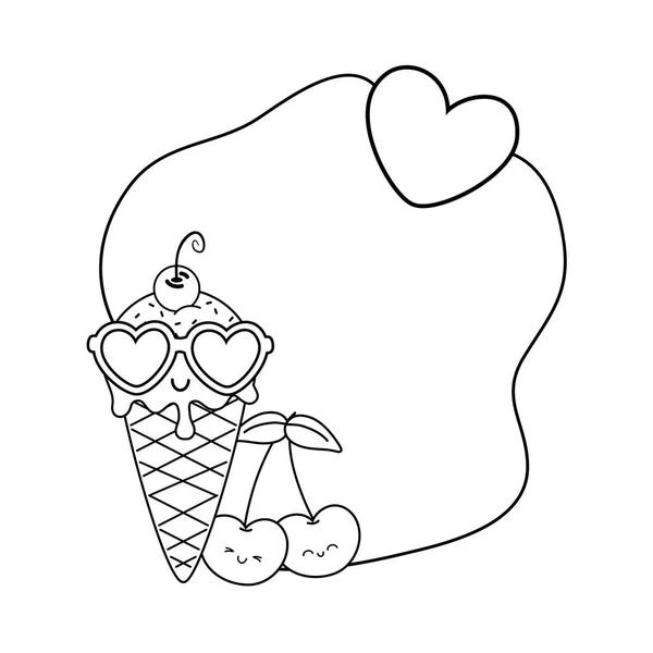 Cerejas de sorvete e óculos de sol quadro preto e branco — Vetor de Stock