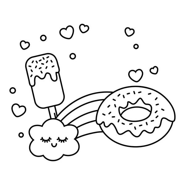 Eis Lolly Donut und Regenbogen schwarz und weiß — Stockvektor