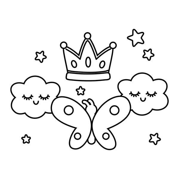 Buttlerfly with crown and clouds black and white — Stock Vector