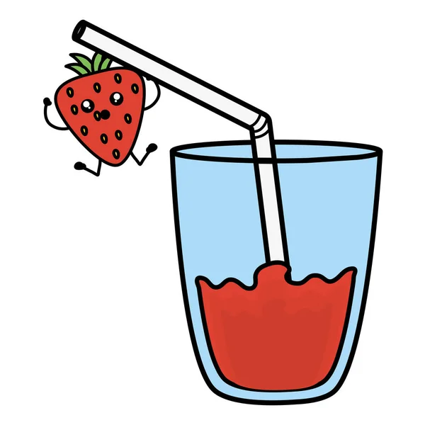 Glas mit Saft Erdbeere frisches Obst kawaii Charakter — Stockvektor