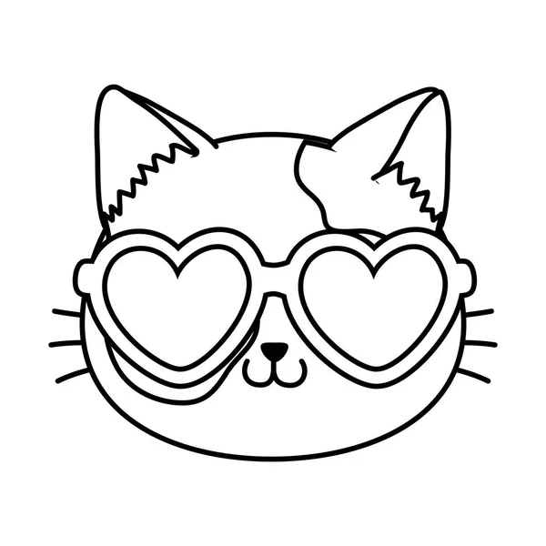 Katze mit Herz Sonnenbrille schwarz-weiß — Stockvektor