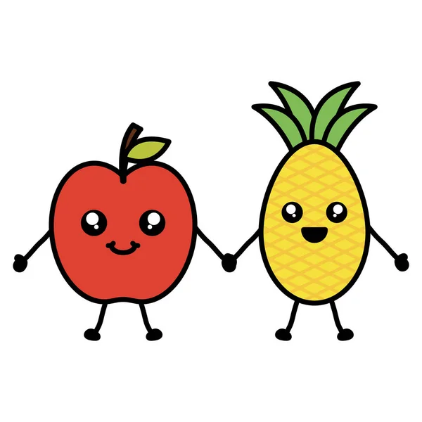 Deliciosos personajes kawaii de manzana y piña — Vector de stock