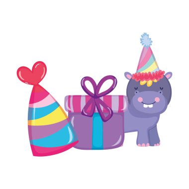 parti şapka ile sevimli ve küçük Hippo karakter