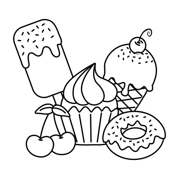 Zoete desserts pictogram zwart-wit — Stockvector