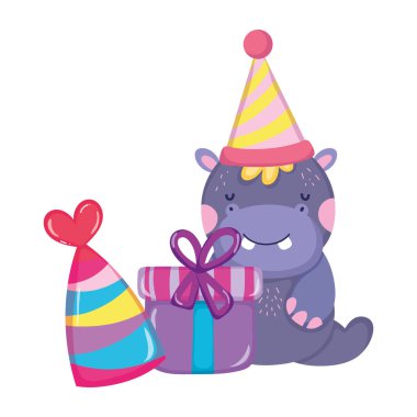 parti şapka ile sevimli ve küçük Hippo karakter