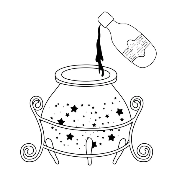 Caldero mágico de bruja con botella de poción — Vector de stock