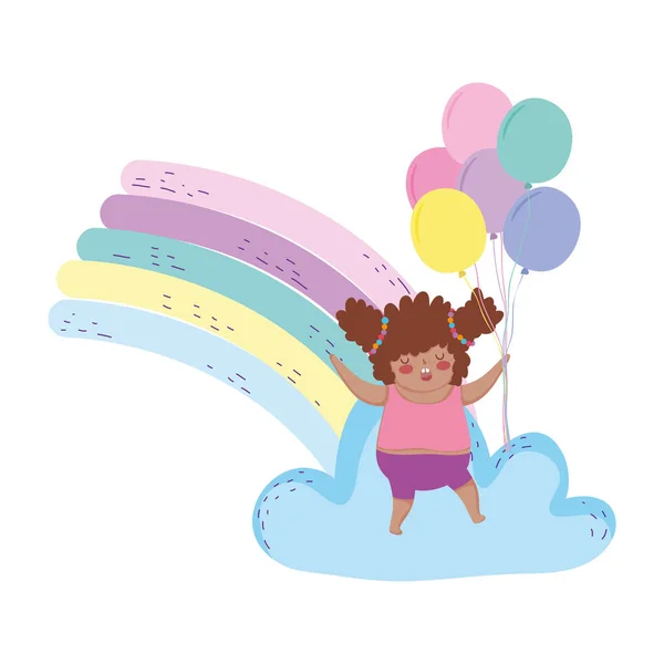 Маленькая пухленькая девочка с радугой и гелием из шариков. — стоковый вектор
