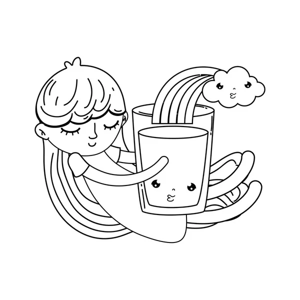 Klein meisje met melk en regenboog kawaii karakter — Stockvector