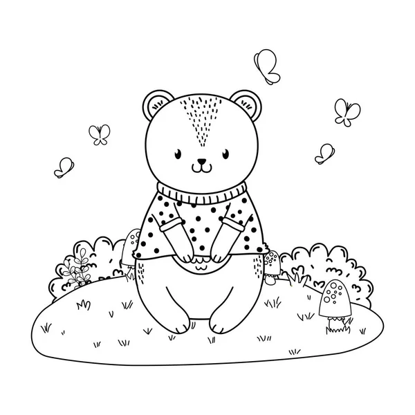 Cute bear in the field woodland character — Stock Vector