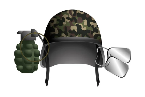 Militaire helm granaat en hond tag plaat — Stockvector