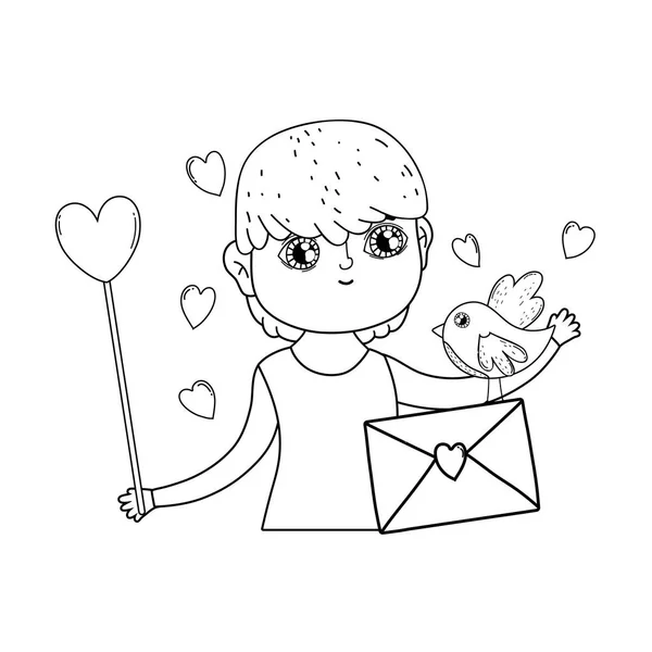 Jeune garçon amant mignon avec enveloppe d'amour — Image vectorielle