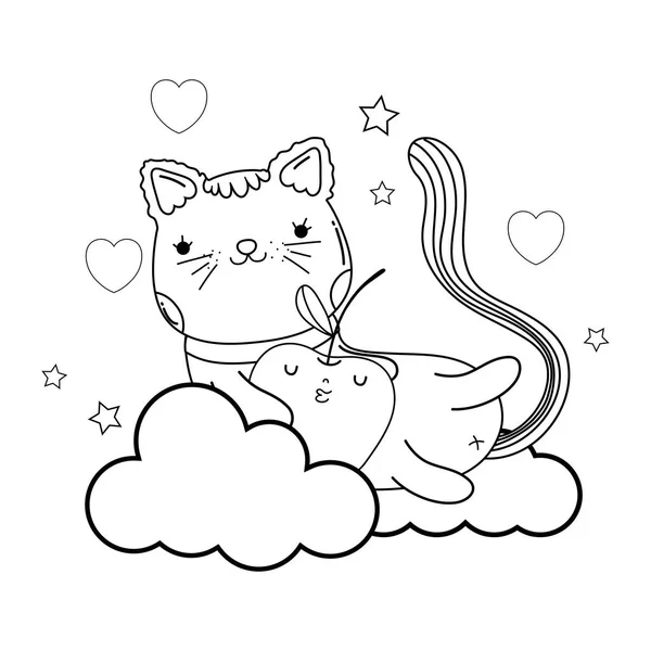 可爱的猫与苹果新鲜在云 — 图库矢量图片