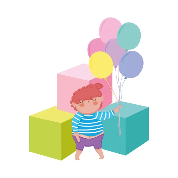 Petit garçon potelé avec ballons hélium et blocs — Image vectorielle