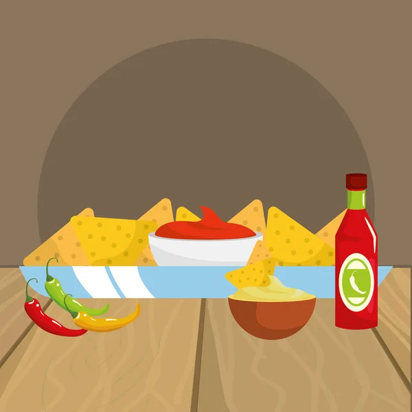 Delicious mexican food cartoon on restaurant table — Stock Vector