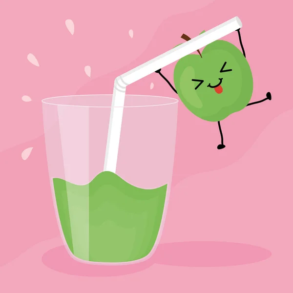 Vidro com suco de maçã caráter kawaii fruta fresca — Vetor de Stock