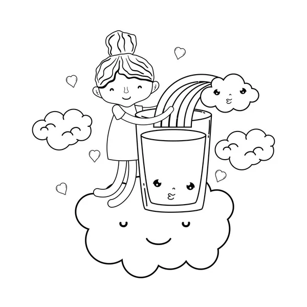小女孩与牛奶和彩虹卡瓦伊字符 — 图库矢量图片