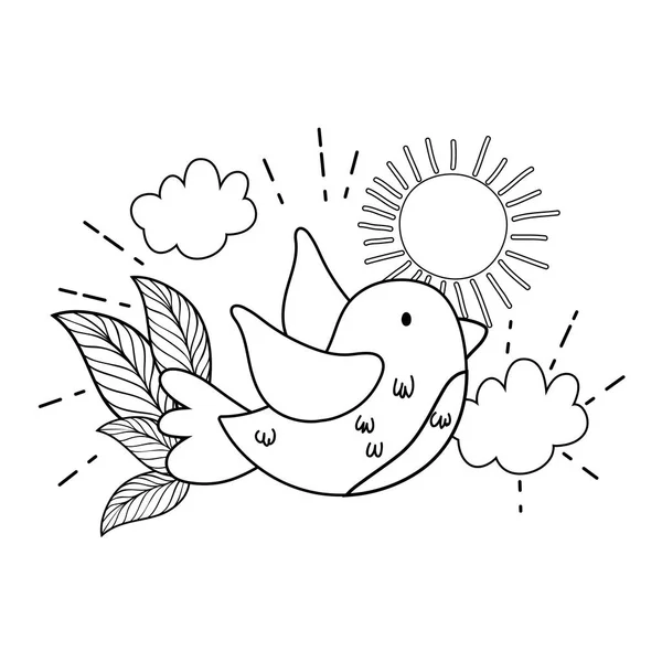 Lindo y pequeño pájaro volando con flores jardín — Vector de stock