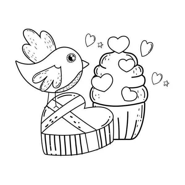 달콤한 컵 케이크 사랑스러운 캐릭터와 귀여운 작은 새 — 스톡 벡터