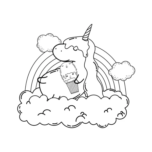 Schattige Eenhoorn met wolken en Rainbow kawaii — Stockvector