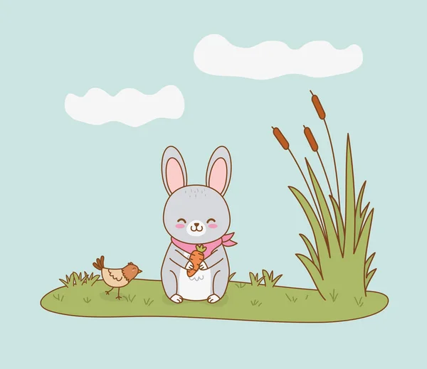 Carino coniglio nel campo bosco carattere — Vettoriale Stock