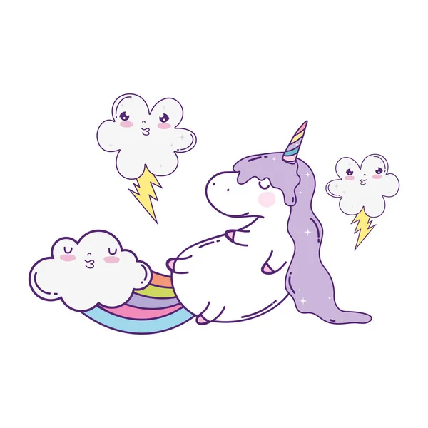 Mignon licorne avec nuages et arc-en-ciel kawaii — Image vectorielle