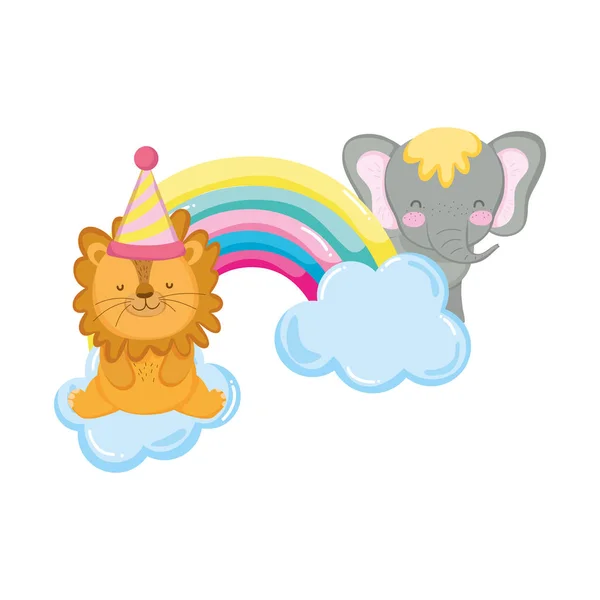 León y elefante con sombrero de fiesta y arco iris rrr — Vector de stock