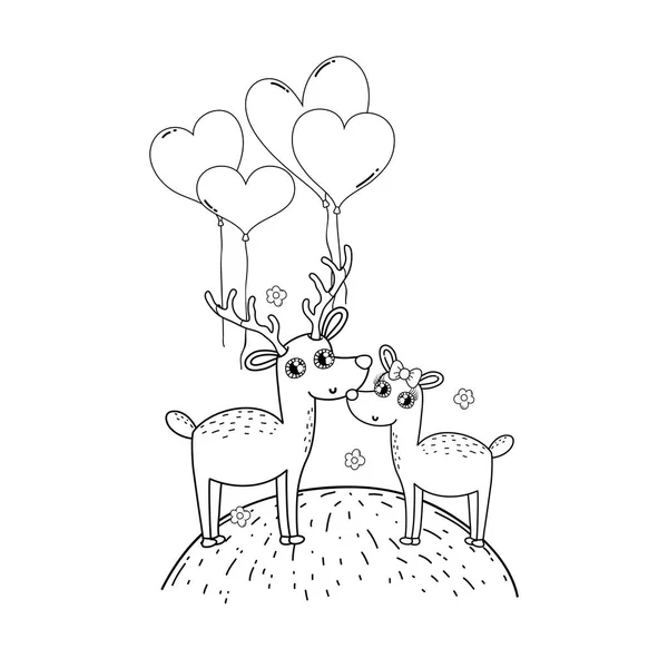 Mignon amour renne couple avec coeurs ballons hélium — Image vectorielle