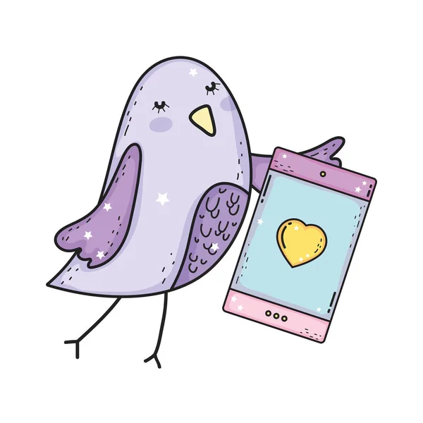 Cute Little Bird ze smartfonem piękny charakter — Wektor stockowy