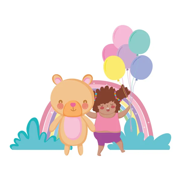 Niña gordita con arco iris y globos helio — Vector de stock