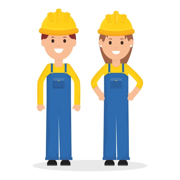 Paar bouwers werknemers met helmen — Stockvector