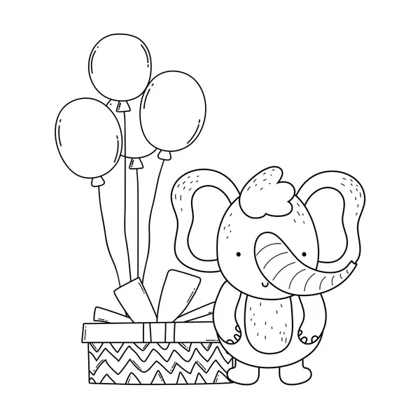 Elefante con regalos y globos helio — Vector de stock
