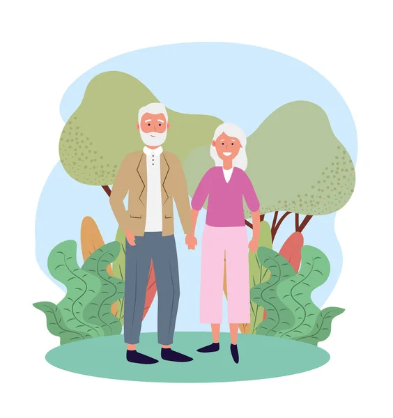 Linda anciana y hombre pareja con árboles y plantas — Vector de stock